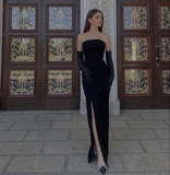 Niulatu Black Strapless Long Prom Dress with Split Black Evening Dress HZ1007