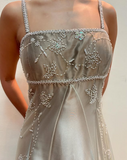 Niulatu Spaghetti Straps Satin Tulle Beaded Prom Dress A Line Party Evening Gown HZ1007