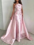 Niulatu Pink Strapless Satin Appliques Evening Dress Formal Prom Dress HZ1007