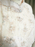 Niulatu Light Pink Satin Lace Sequin Beaded Evening Dress Slit Mermaid Prom Dress HZ1007
