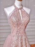 Niulatu Pink Halter Sequins Tulle A Line Prom Dress Evening Dress HZ1007