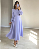 Niulatu Stretch Satin A Line Evening Dresses Women Long Sleeve Square Neck Modest Ankle Length Formal Gowns HZ1007