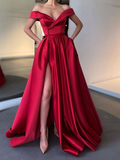 Niulatu the Shoulder Burgundy Satin Long Prom Dresses Off Shoulder Wine Red Long Formal Evening Dresses HZ1007