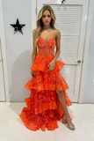 Niulatu Orange Strapless A-Line Lace Layered Appliques Prom Dress Slit Evening Dress HZ1007