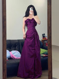 Niulatu A Line Strapless Burgundy Satin Long Prom Dresses Formal Dress HZ1110