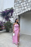 Niulatu Pink Strapless Ruffle Slit Evening Dress Long Birthday Prom Dress HZ1007