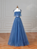 Niulatu Blue Spaghetti Straps Tulle Sequins A Line Prom Dress Evening Dress HZ1007