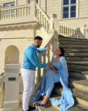 Niulatu Blue Beaded Sequins Luxury Evening Dresses Satin Trim with Shawl Arabian Dubai Muslim Prom Dress HZ1007