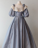 Niulatu Lace Satin A Line Prom Dress Blue Puff Sleeves Long Evening Dress HZ1007
