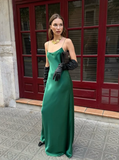 Niulatu Emerald Green A Line Spaghetti Strap Satin Open Back Prom Dress Wedding Guest Dress HZ0113