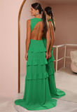 Niulatu Green Deep V Neck Layered Ruffles Evening Dress Backless Long Prom Dress HZ1007