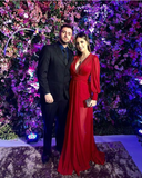 Niulatu Red V Neck Long Sleeves Evening Dress Party Gown HZ1007