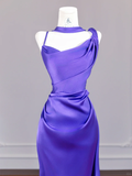 Niulatu Purple Mermaid Spaghetti Strap Satin Long Prom Dress Party Dress HZ0113
