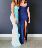 Niulatu Blue Satin Spaghetti Straps Prom Dress Evening Dress HZ1007