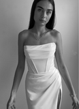 Niulatu White Strapless Slit Mermaid Evening Dress Long Prom Dress HZ1007