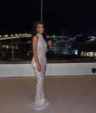 Niulatu Sequins Mermaid Sleeveless Evening Dress Silver Long Prom Dress HZ1007