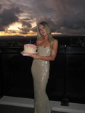 Niulatu Straps Champagne Sequin Sheath Long Prom Dress Evening Dress HZ1007