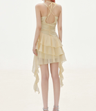 Niulatu A Line Halter Layered Yellow Chiffon Open Back Short Homecoming Dress Cocktail Dress HZ0113