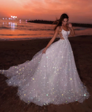 Niulatu White Sequin Tulle Prom Evening Dress, A-line Sleeveless Beach Long Wedding Gown HZ1007