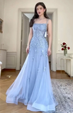 Niulatu Blue Tulle Appliques Mermaid Evening Dress Long Prom Dress HZ1007