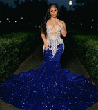 Niulatu Blue Sequins Mermaid Evening Dress With Sheer Neck Plus Size Formal Evening Occasion Gowns HZ1007