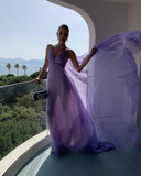 Niulatu Purple V Neck Tulle Prom Dress Long Evening Gown HZ1007