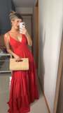 Niulatu Red A-line V Neck Long Evening Dress HZ1007
