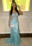 Niulatu Spaghetti Straps Lace Appliques Evening Dress Mermaid Prom Dress HZ1007