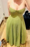 Niulatu Spaghetti Straps Pleated Tulle Green Midi Prom Dress A Line Evening Dress HZ1007