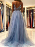 Niulatu V Neck Open Back Smoky Gray Beaded Long Prom Dresses, High Slit Smoky Grey Long Formal Evening Dresses HZ0113