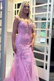 Niulatu Pink Spaghetti Straps Tulle Lace Appliques Mermaid Evening Dress Long Prom Dress HZ1007