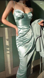 Niulatu Spaghetti Straps Green Satin Prom Dress Formal Evening Dress HZ1007