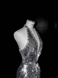 Niulatu Silver Deep V Halter Sequins Beaded Backless Evening Dress Mermaid Prom Dress HZ1007