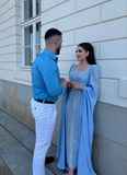 Niulatu Blue Beaded Sequins Luxury Evening Dresses Satin Trim with Shawl Arabian Dubai Muslim Prom Dress HZ1007