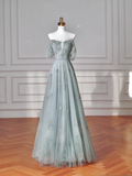 Niulatu Light Green Square Neck Tulle Beaded Prom Dress A Line Evening Dress HZ1007