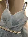 Niulatu Blue Tulle Beaded A Line Evening Dress Spaghetti Straps V Neck Prom Dress HZ1007