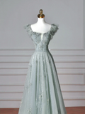 Niulatu Light Green Square Neck Tulle Beaded Prom Dress A Line Evening Dress HZ1007
