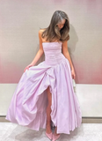 Niulatu Strapless Pleated Slit Evening Dress Long Satin Prom Dress HZ1007