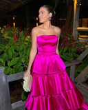 Niulatu Strapless Satin Tiered Party Prom Dress Hot Pink Satin A Line Evening Gown HZ1007