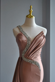 Niulatu Pink Crystal Beaded Evening Dress One Shoulder Satin Mermaid Long Prom Dress HZ1007