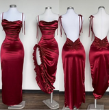 Niulatu Burgundy Spaghetti Straps Sheath Prom Dress Evening Gown HZ1007