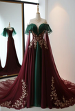 Niulatu Burgundy Tulle Satin Evening Dress Long Prom Dress HZ1007