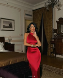 Niulatu Red Sleeveless Satin Sheath Evening Dress Formal Prom Dress HZ1007