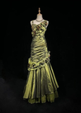 Niulatu Dark Green Irregular Neckline Satin Beaded Evening Dress Ruched Mermaid Prom Dress HZ1007