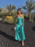 Niulatu Lake Blue A Line Spaghetti Strap Lace Satin Prom Dress HZ0113
