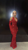 Niulatu Girl Sexy Halter Sequin Red Prom Dress Long Mermaid Evening Dress HZ1007