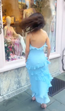 Niulatu Spaghetti Straps Blue Ruffle Chiffon Prom Dress Backless Evening Dress HZ1007