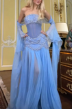 Niulatu A Line Off The Shoulder Light Blue Long Party Evening Gown Chiffon Prom Dress HZ1007