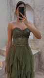 Niulatu Green Tulle Beaded Long A Line Evening Dress Strapless Prom Dress HZ1007