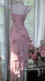 Niulatu Pink Sheath Spaghetti Strap Beaded Layered Chiffon Prom Dress 22th Birthday Dress HZ0113